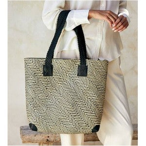 Rattan Tote Oversized Leather Trim Black