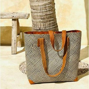 Rattan Tote Oversized, Leather Trim Brown