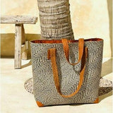 Rattan Tote Oversized, Leather Trim Brown