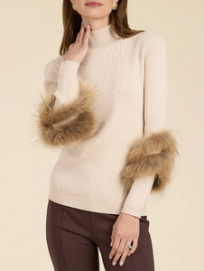 Ribbed Mock Neck Sweater with Fur Trim Sleeves