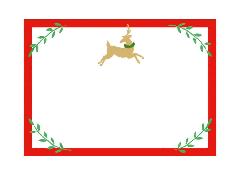 a red and green frame with a reindeer and leaves