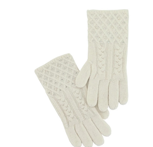 White Cable Knit Sparkle Glove with Crystals