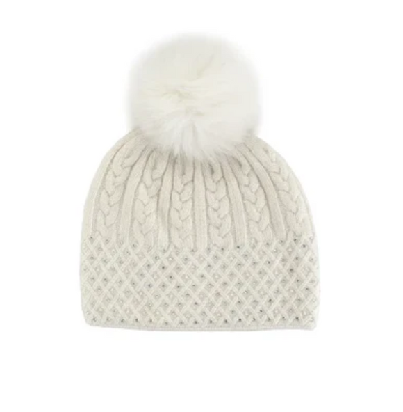 White Cable Knit Sparkle Hat w/ Crystals & Fox Fur PomPom