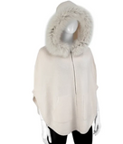 Knit Zip Up Poncho with Fur Trimmed Hood