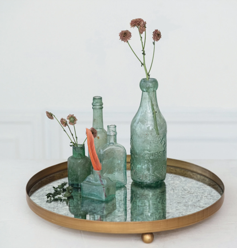 Decorative Metal Footed Antiqued Mirror Tray | Gold Finish