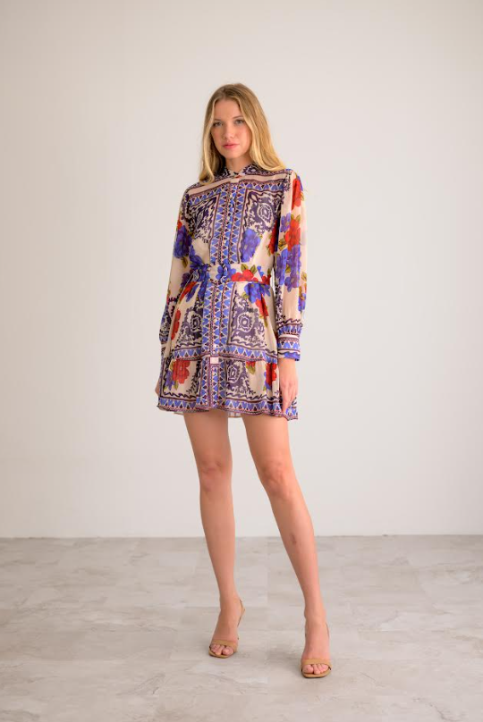 Elizabeth Mini Dress | Cream/Blue/Red Combo