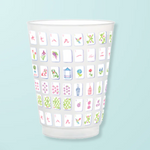 a cup with many images on it