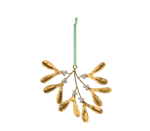 Metal Mistletoe Ornament w/Glass Beads | antique Gold
