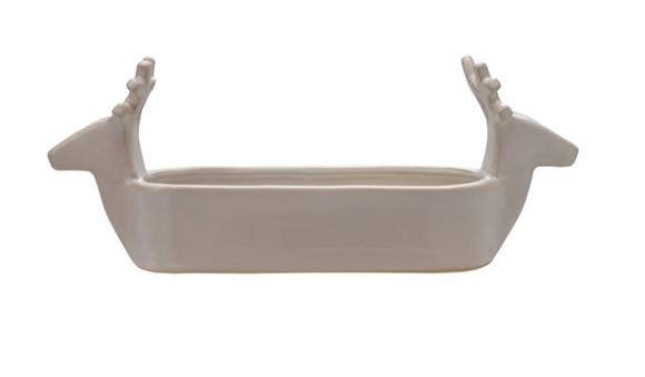 Stoneware Cracker Dish with Deer Heads | White