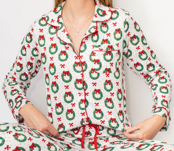 Clara Wreath Long Sleeve Button Up Sleep Shirt