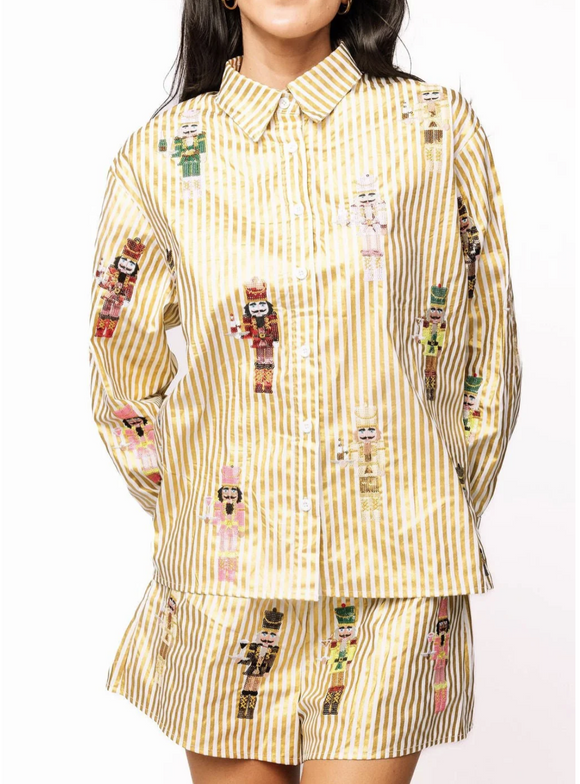 Gold Metallic Stripe Cocktail Serving Nutcracker Button Up Top