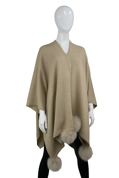 Gold Knit Wrap with Sequin Sparkles and Fox PomPoms