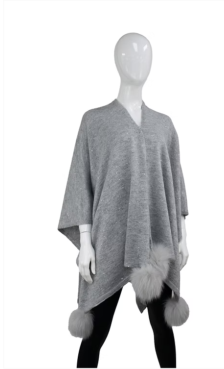 Light Grey Knit Wrap with Sequin Sparkles and Fox PomPoms