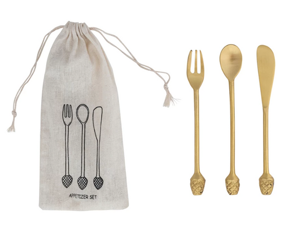 Brass Appetizer Set with Pinecone Handle | Set of 3 in Drawstring Bag