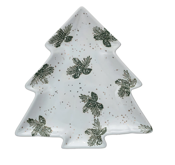 Stoneware Tree Shaped Plate with Pinecones