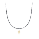 15" Choker Silver Faceted Hematite 2mm Bead - Signature Cross Gold