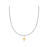 15" Choker Bright Silver Faceted Hematite 2mm Bead - Signature Cross Gold Charm