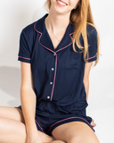 Elizabeth Short Sleeve Button Up Sleep Shirt | Navy Pink