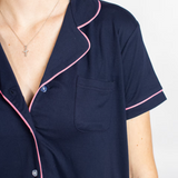 Elizabeth Short Sleeve Button Up Sleep Shirt | Navy Pink