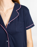 Elizabeth Short Sleeve Button Up Sleep Shirt | Navy Pink