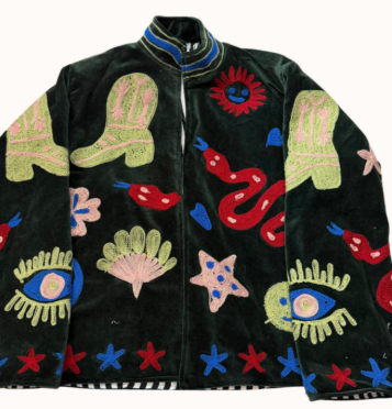 a black jacket with colorful patches