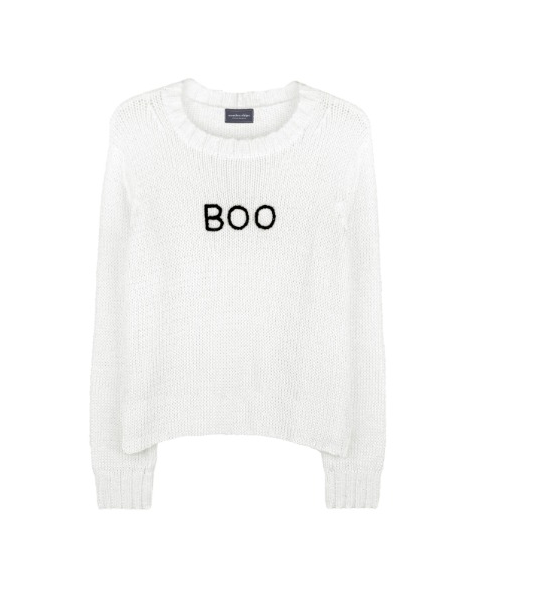 a white sweater with black text