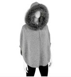 Knit Zip Up Poncho with Fur Trimmed Hood