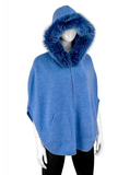 Knit Zip Up Poncho with Fur Trimmed Hood