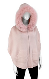 Knit Zip Up Poncho with Fur Trimmed Hood