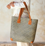 Rattan Tote Oversized, Leather Trim Brown