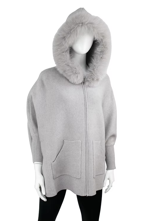Knit Poncho with Pockets & Fox Fur Trim Hood