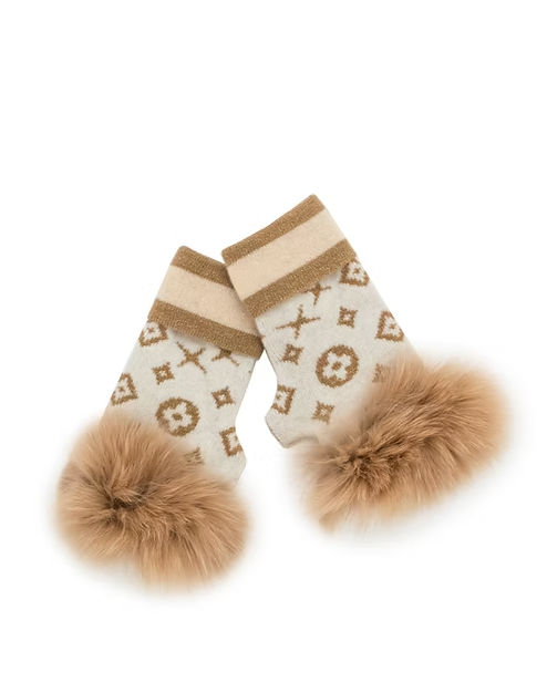 Knit Fingerless Gloves with Monogram Pattern & Fox Fur Trim