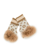 Knit Fingerless Gloves with Monogram Pattern & Fox Fur Trim