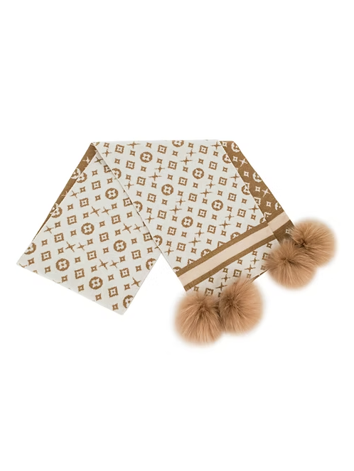Knit Wool Scarf with Monogram Pattern & Fox Fur PomPoms