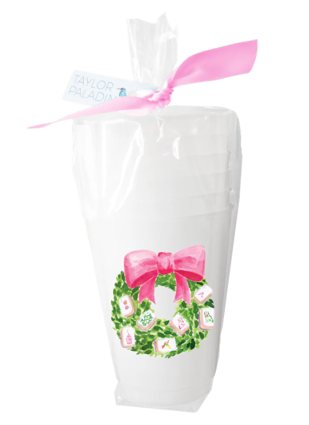a stack of plastic cups tied with a bow