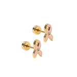 a pair of gold earrings with pink ribbon