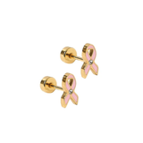 a pair of gold earrings with pink ribbon