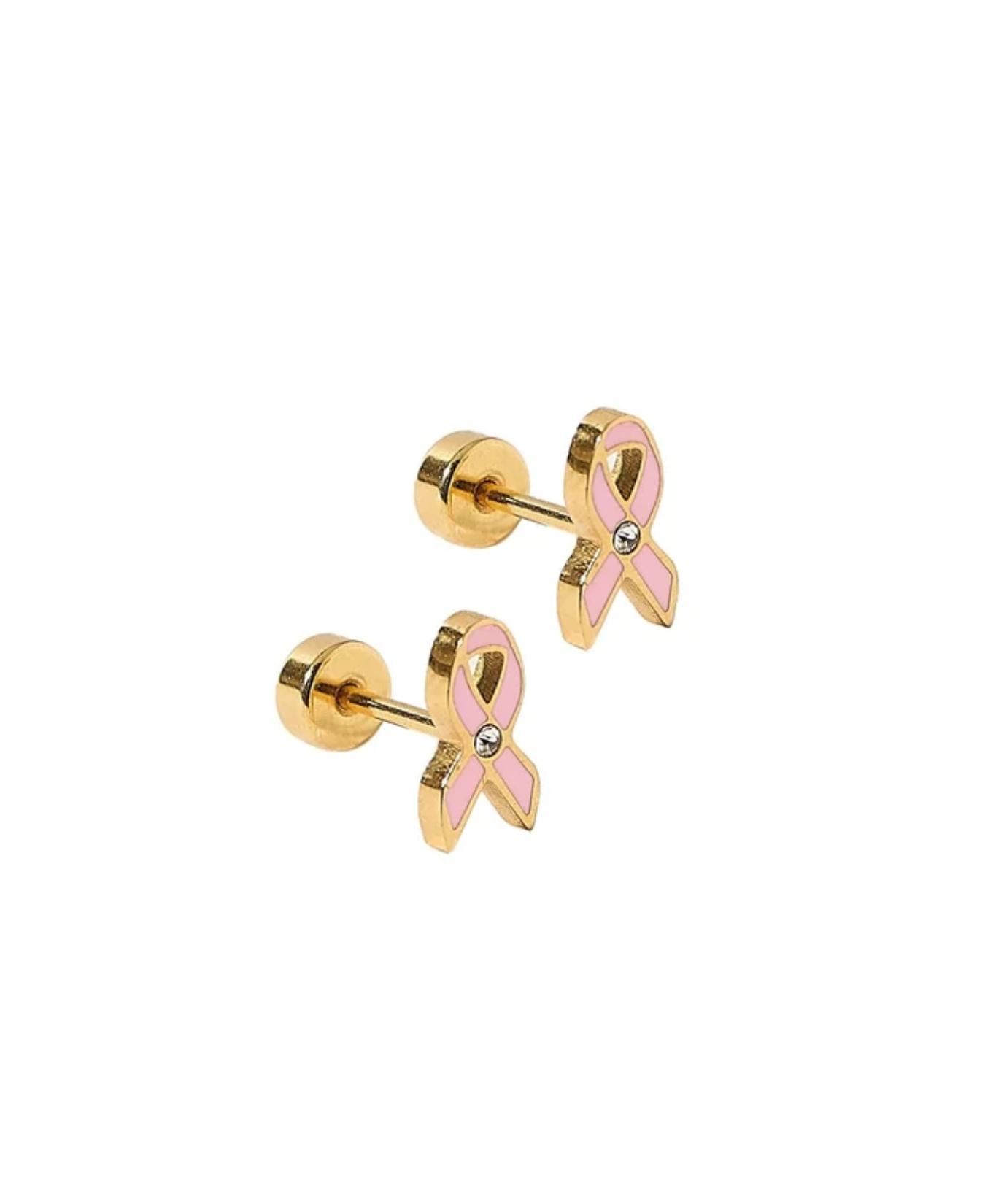 a pair of gold earrings with pink ribbon