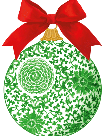 a green and white ornament with a red bow
