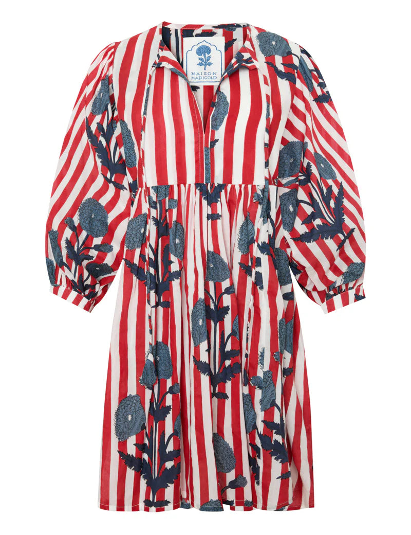 Taj Mini Dress Navy Flower on Red Stripe  XS/S