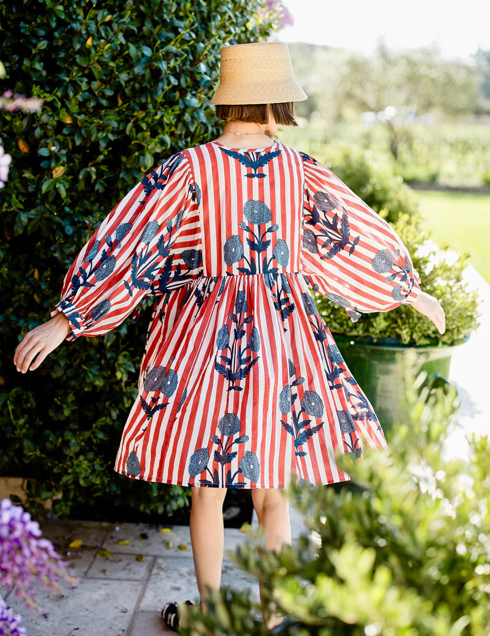 Taj Mini Dress Navy Flower on Red Stripe  XS/S