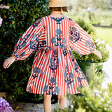 Taj Mini Dress Navy Flower on Red Stripe  XS/S