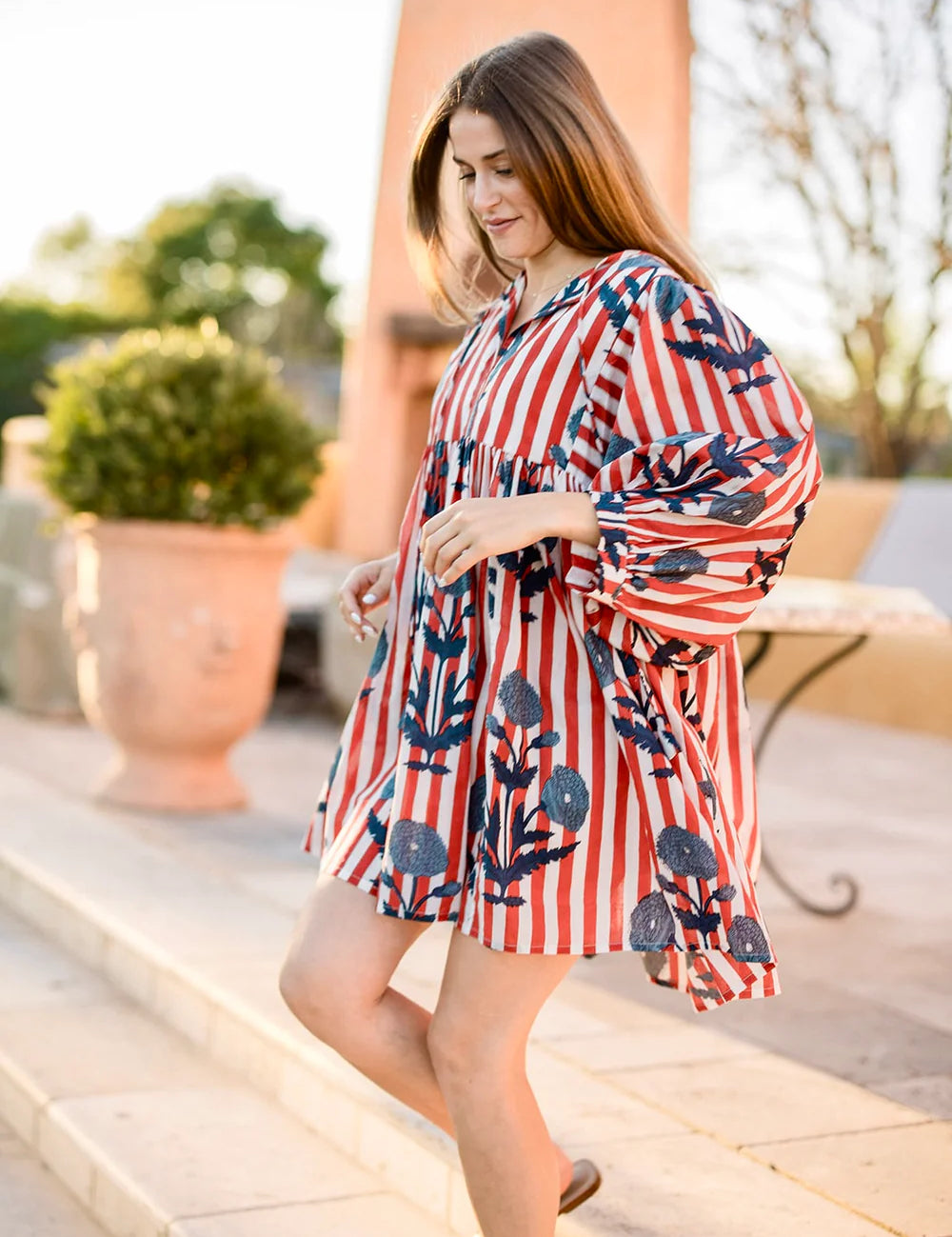 Taj Mini Dress Navy Flower on Red Stripe  XS/S