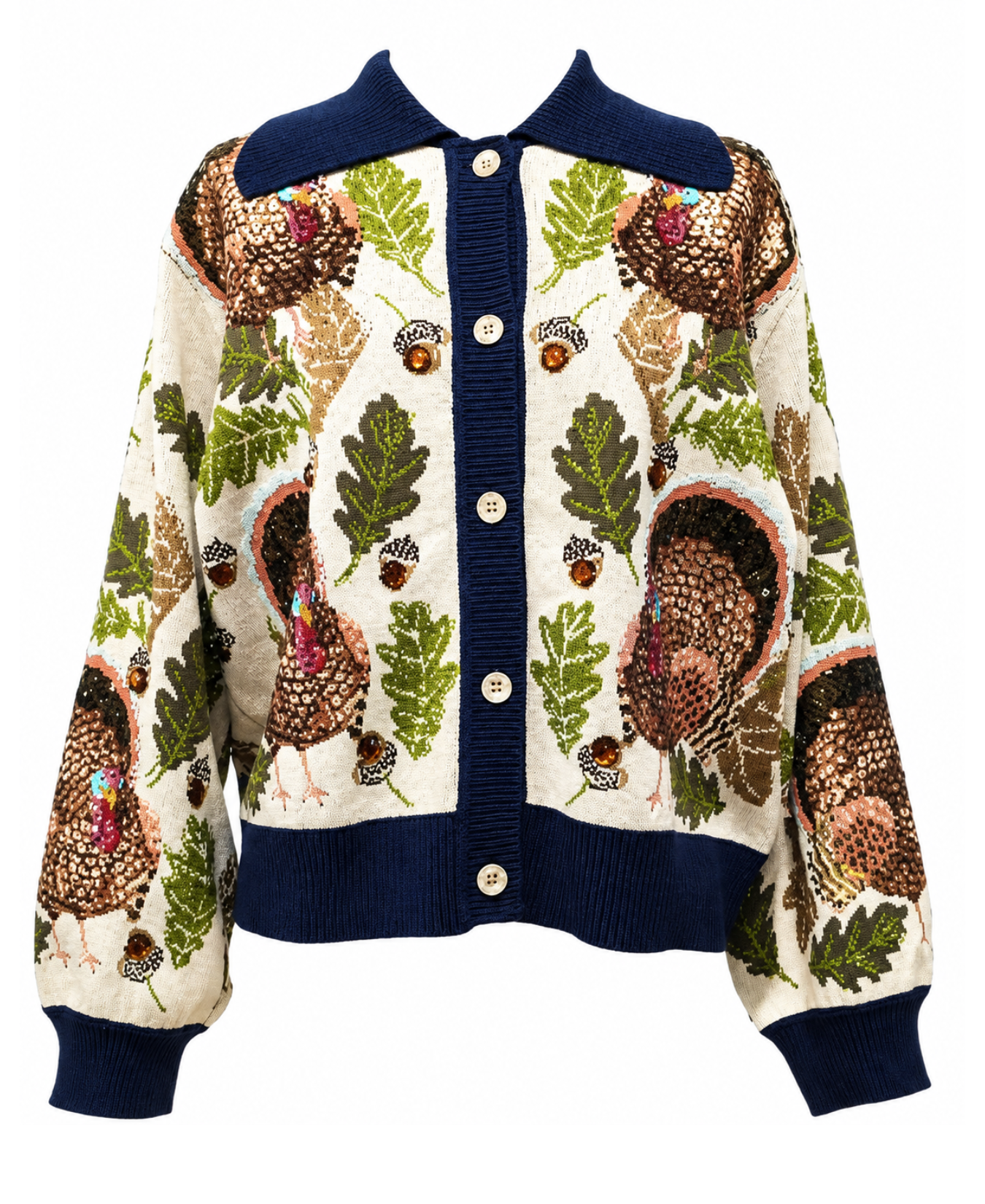 Trim Button Up Turkey, Leaf & Acorn Cardigan_Queen of Sparkles_HOLID26N02-NAY