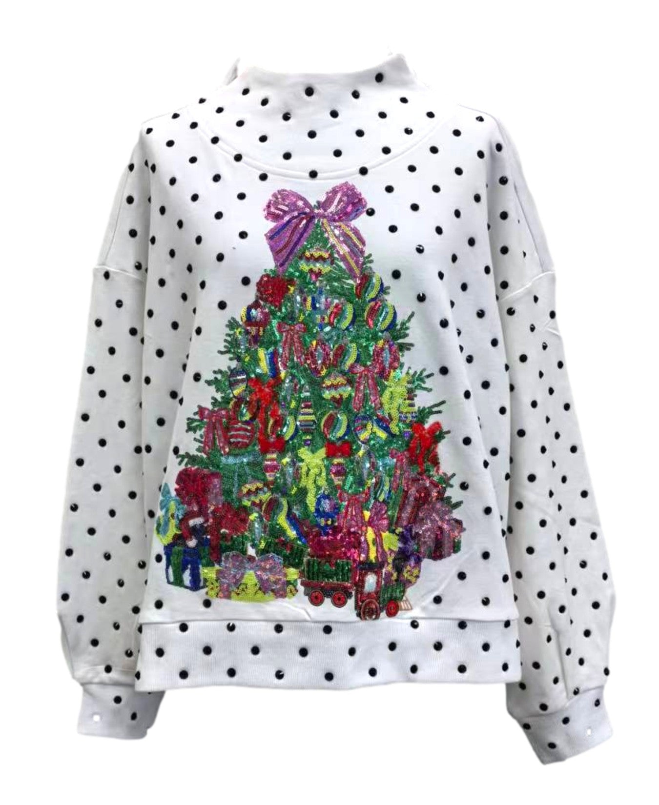 White & Black Polka Dot Multi Christmas Tree Mockneck Sweatshirt_Queen of Sparkles_HOLID26N243-WHT