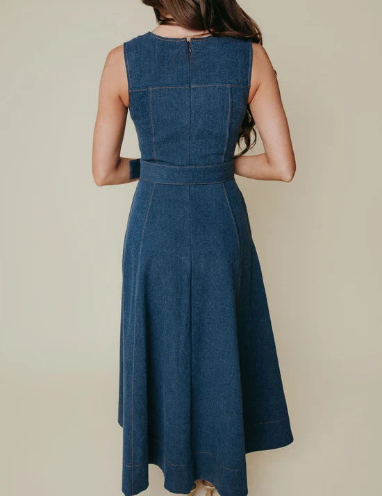 a woman in a blue dress