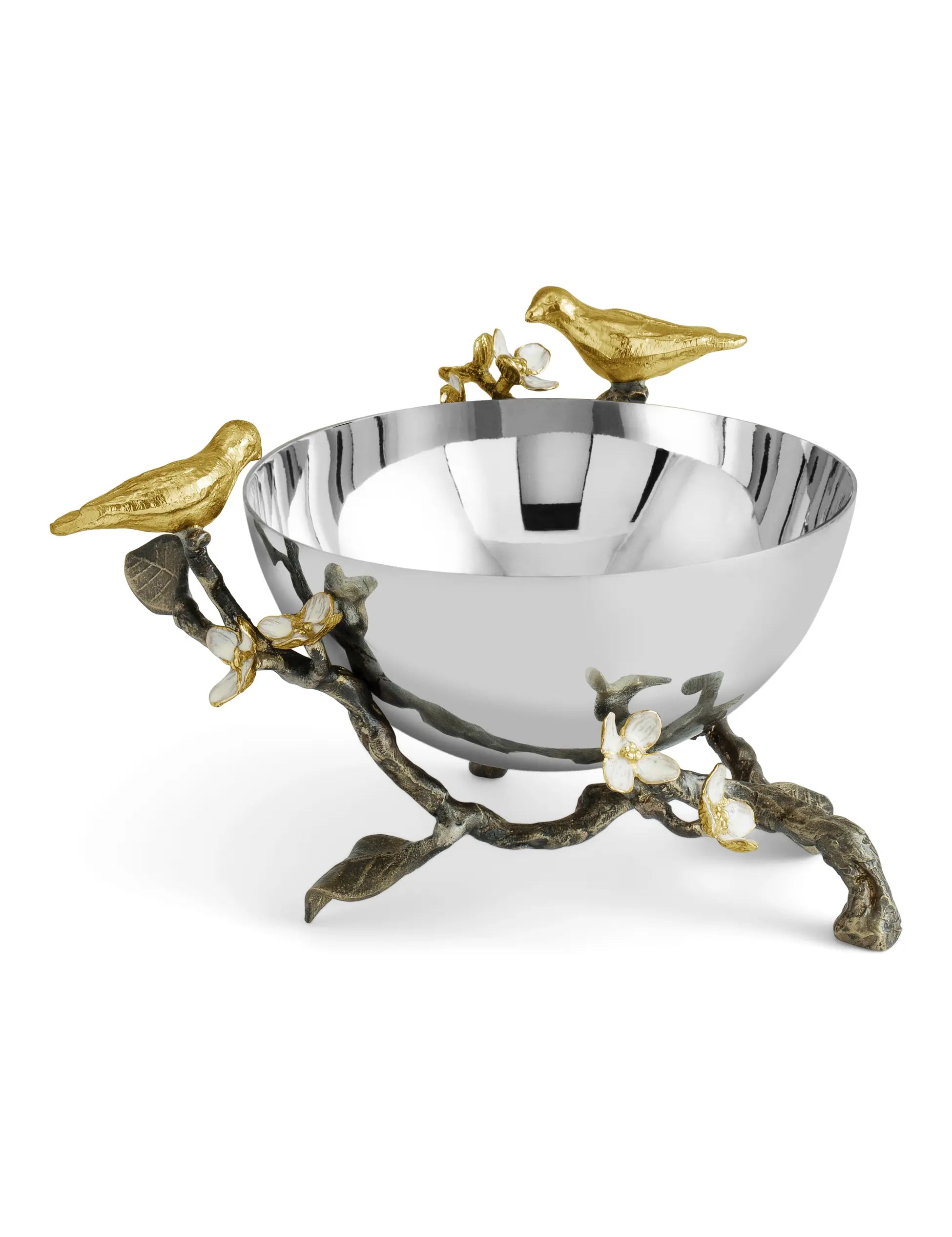 a silver bowl with gold birds on it