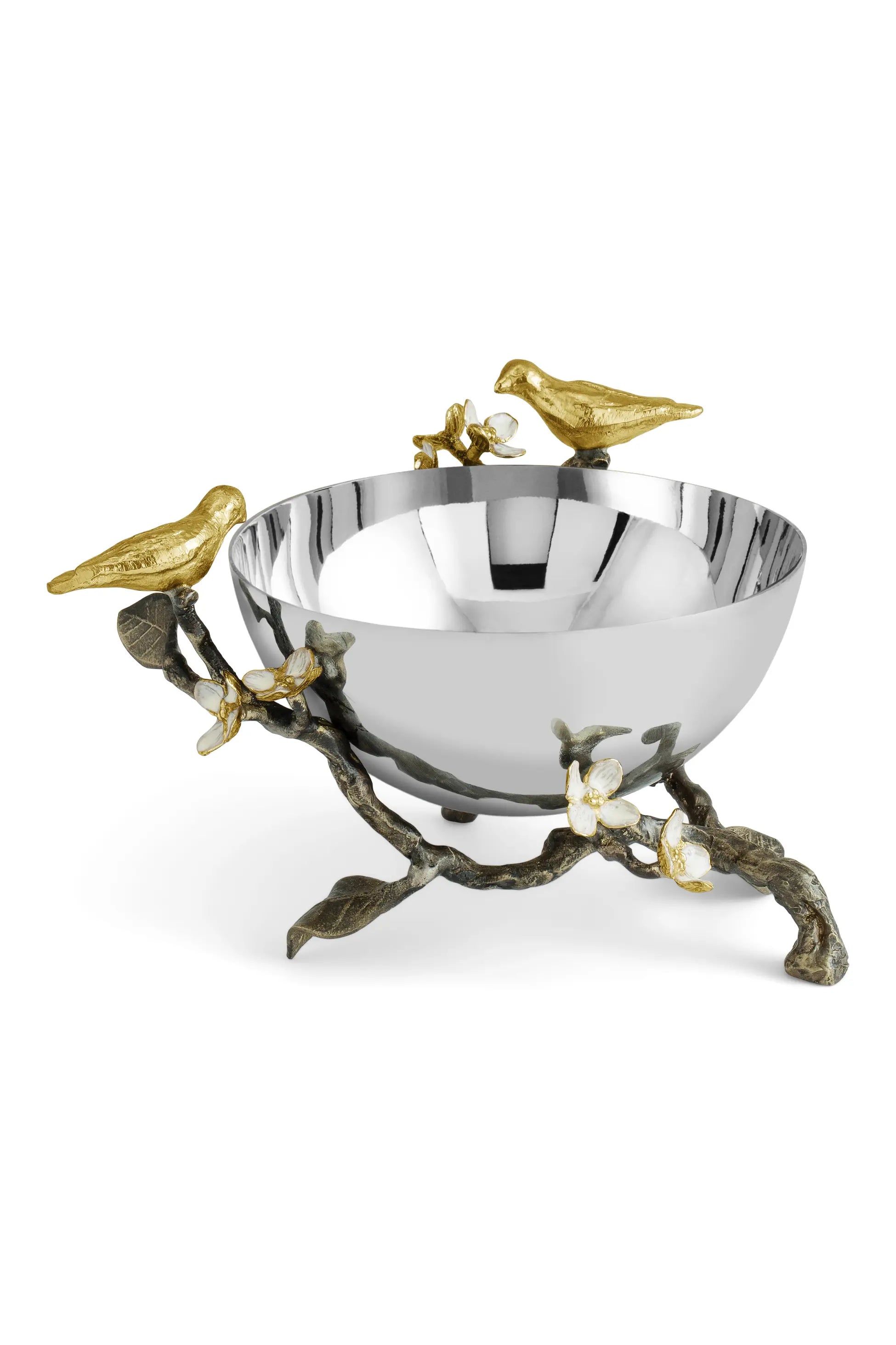 a silver bowl with gold birds on it