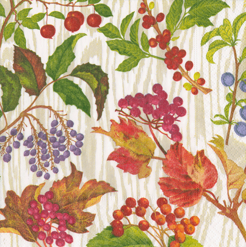 a paper towel with a pattern of berries and leaves