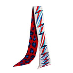 a red and blue patterned scarf